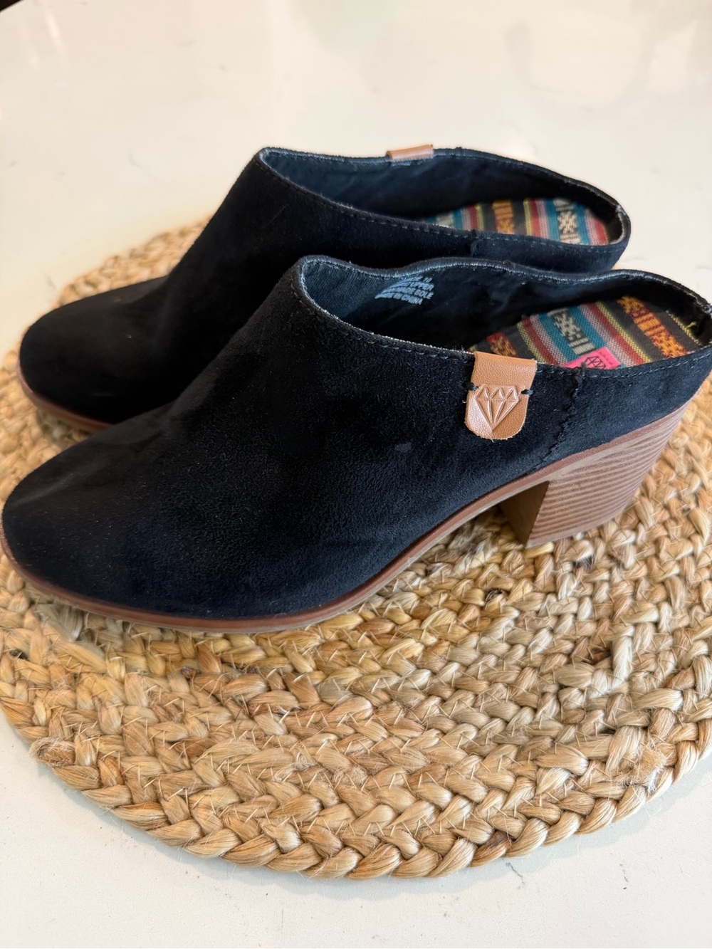 Rock & Candy Francie  Black Suede Mule Heels with Tan Stacked Heel. Size 10